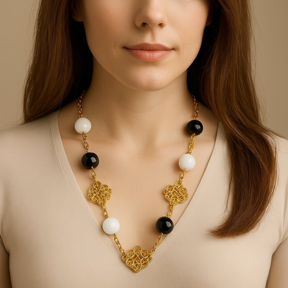 Elegant Women’s Gold Filigree Disc Necklace w/:Black & White Beads Jewelry